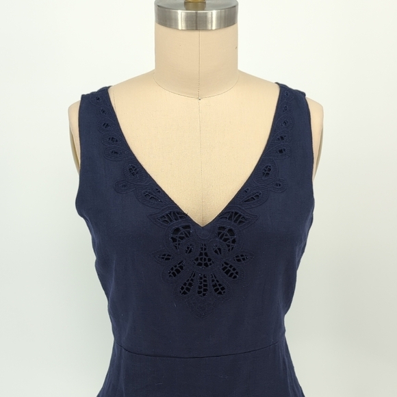 Neiman Marcus V Neck Embroidered Eyelet Dress Navy Blue L preppy summer - Picture 3 of 6